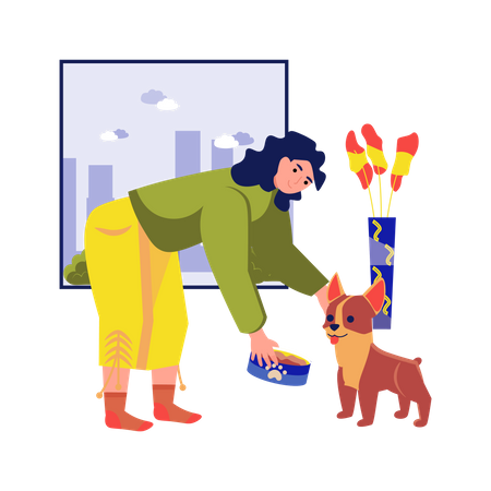 Mujer dando de comer a su perro  Ilustración