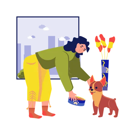 Mujer dando de comer a su perro  Ilustración