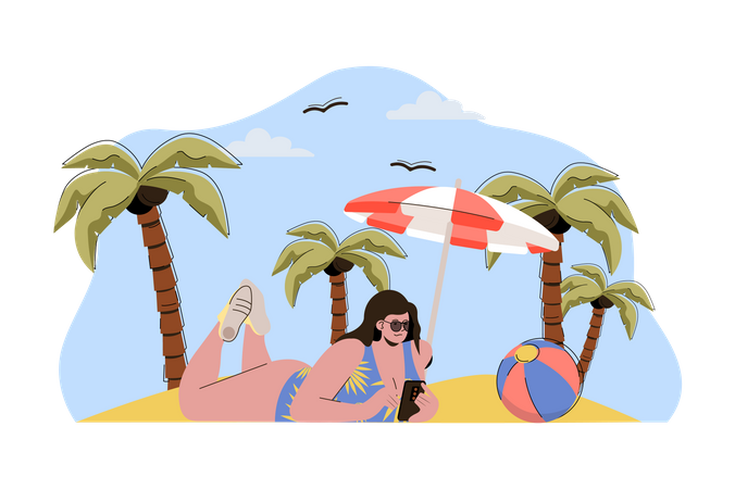 Mujer durmiendo en la playa vistiendo traje de baño  Ilustración