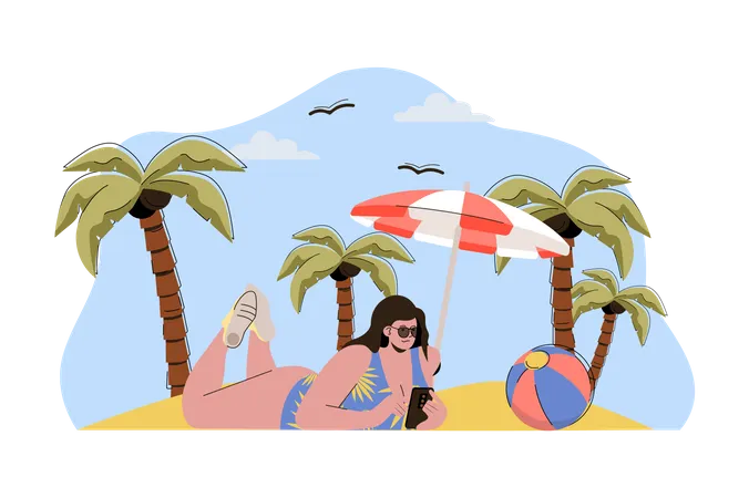 Mujer durmiendo en la playa vistiendo traje de baño  Ilustración