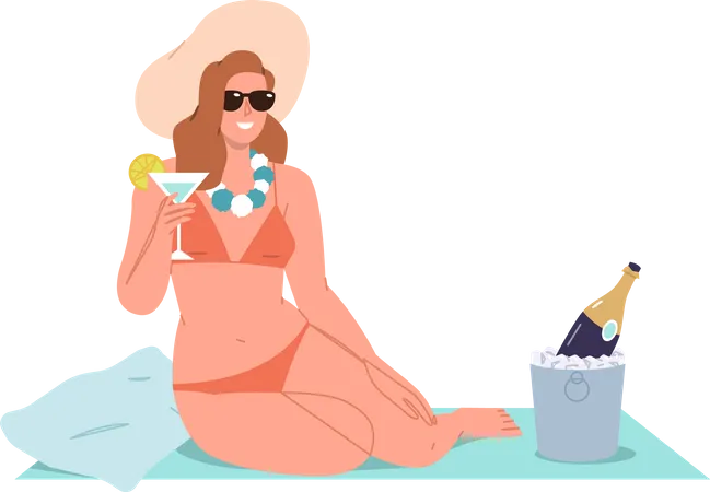 Mujer vistiendo bikini y bebiendo alcohol  Ilustración