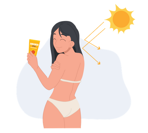 Mujer en traje de baño con crema solar  Ilustración