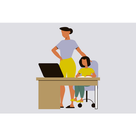 Mujer enseñando a niña en la computadora portátil  Ilustración