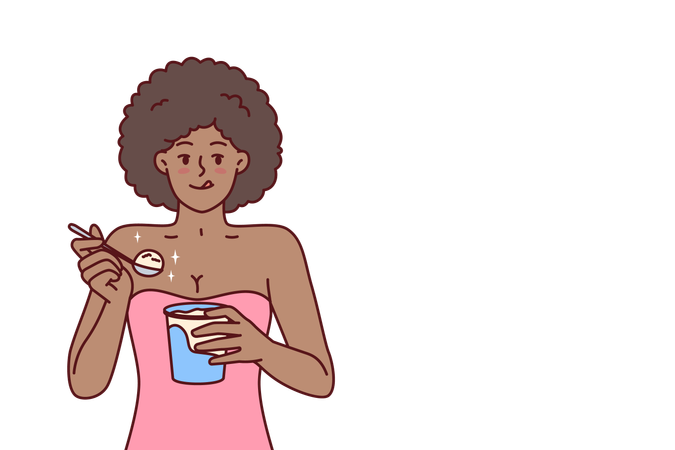 La mujer está comiendo un tazón de helado  Ilustración