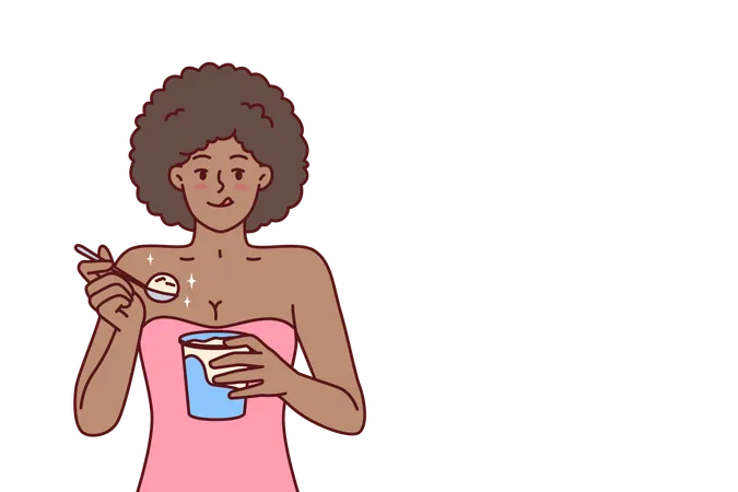 La mujer está comiendo un tazón de helado  Ilustración