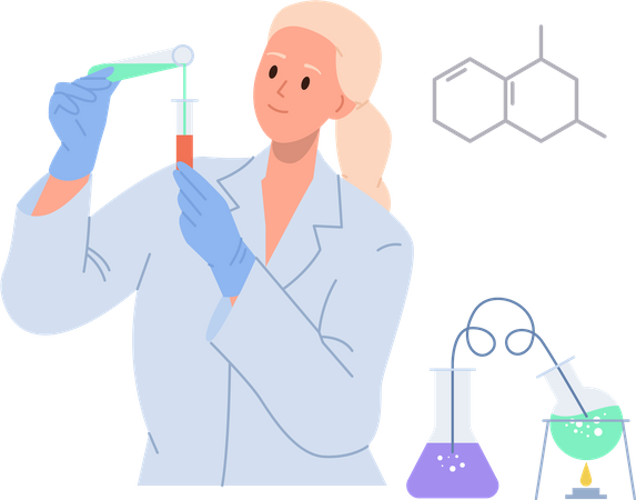 Mujer haciendo investigación química  Ilustración