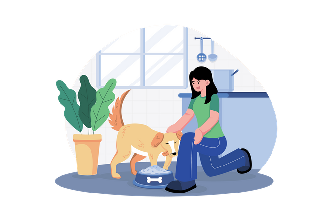 Mujer joven alimentando a su perro  Ilustración