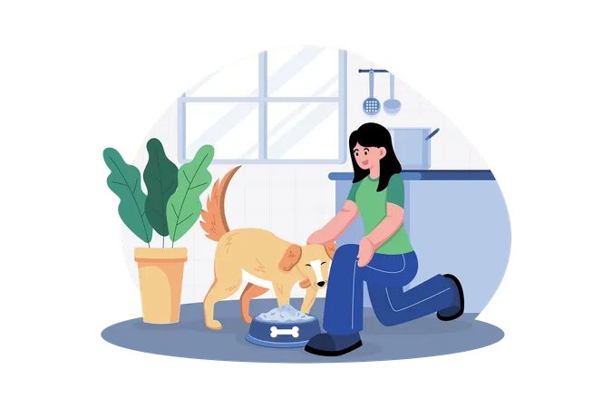 Mujer joven alimentando a su perro  Ilustración