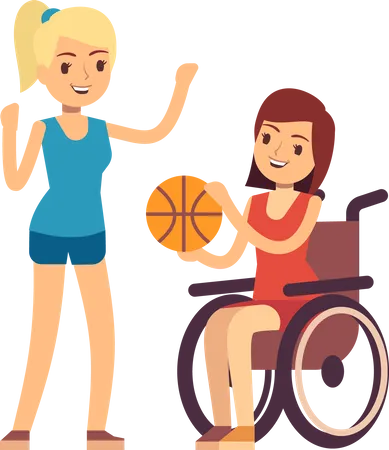 Mujer joven discapacitada jugando baloncesto con un amigo  Ilustración