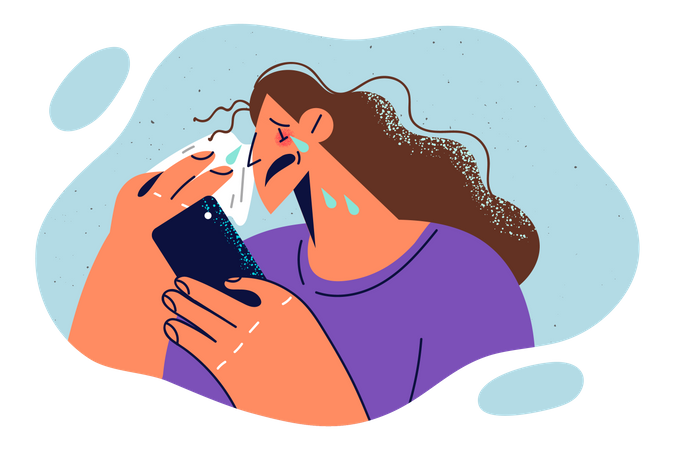 Mujer llorando mientras mira el teléfono  Ilustración