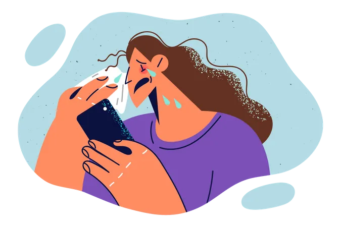 Mujer llorando mientras mira el teléfono  Ilustración