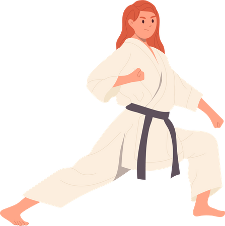 Mujer maestra de karate vistiendo kimono practicando técnica de combate  Ilustración