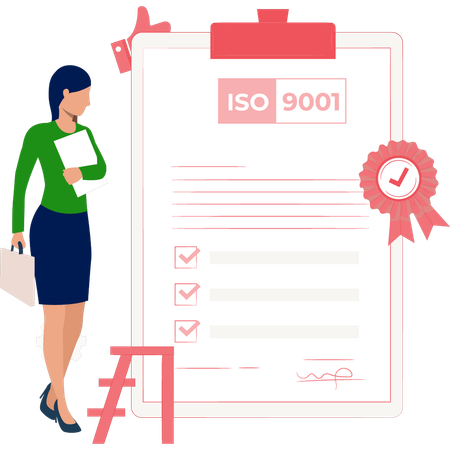 Mujer mirando el certificado ISO  Ilustración