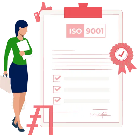 Mujer mirando el certificado ISO  Ilustración