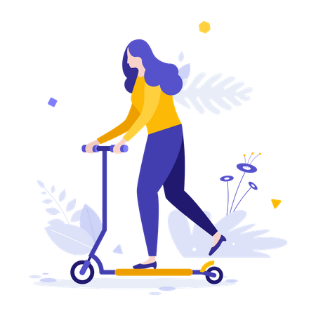 Mujer montando patinete  Ilustración