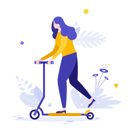 Mujer montando patinete  Ilustración