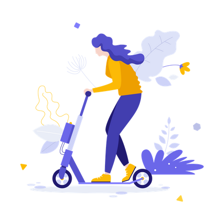 Mujer montando patinete motorizado  Ilustración