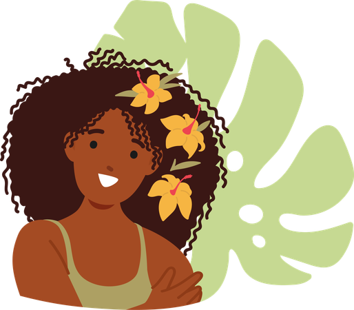 Mujer Negra Con Delicadas Flores Adornan Su Cabello  Ilustración