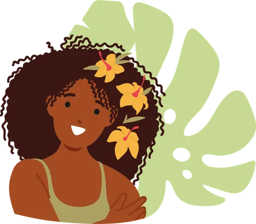 Mujer Negra Con Delicadas Flores Adornan Su Cabello  Ilustración