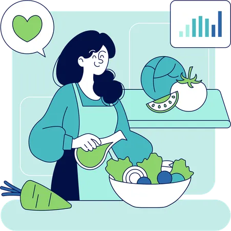 La mujer prepara un tazón de verduras para su dieta.  Ilustración