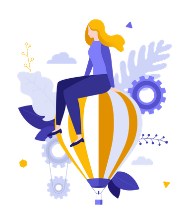 Mujer sentada encima de un globo aerostático volando  Ilustración