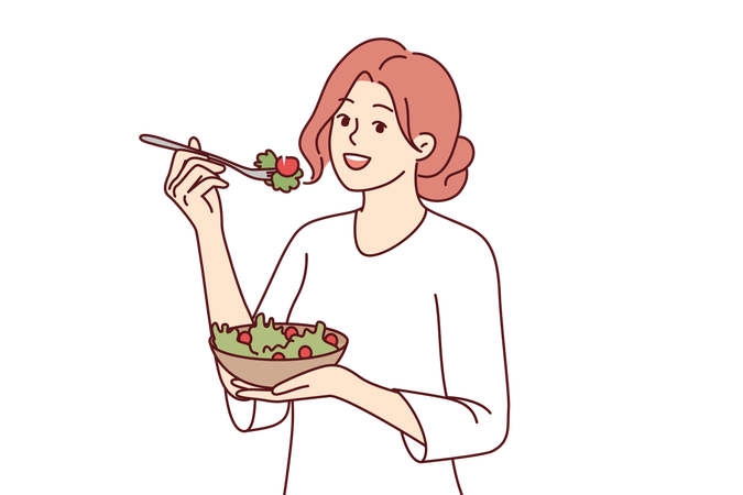 Una mujer sigue una dieta comiendo ensalada de algas verdes para deshacerse de las enfermedades y llevar un estilo de vida saludable  Ilustración