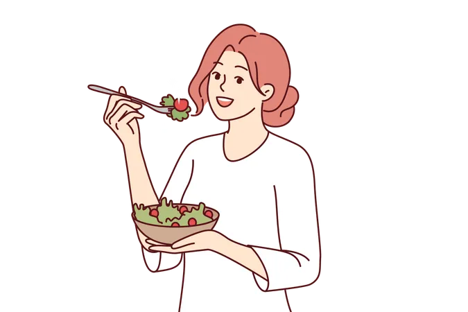 Una mujer sigue una dieta comiendo ensalada de algas verdes para deshacerse de las enfermedades y llevar un estilo de vida saludable  Ilustración