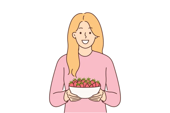 La mujer sostiene un tazón de fresas  Ilustración