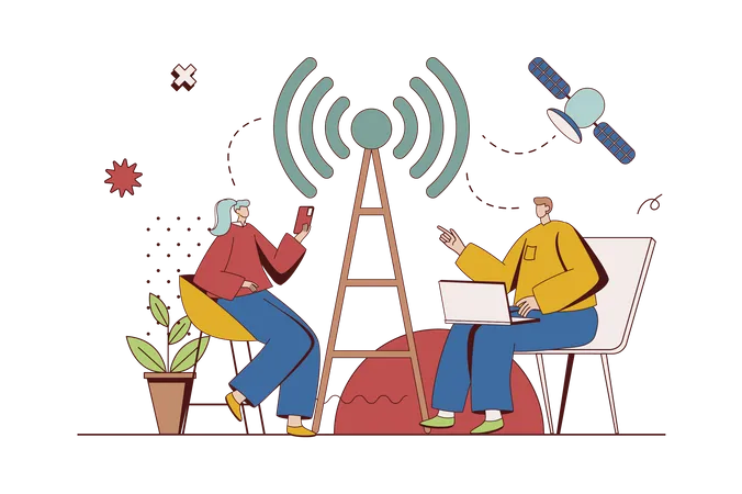 Mujer y hombre que utilizan un punto de acceso wifi para obtener acceso a Internet desde un teléfono inteligente  Ilustración