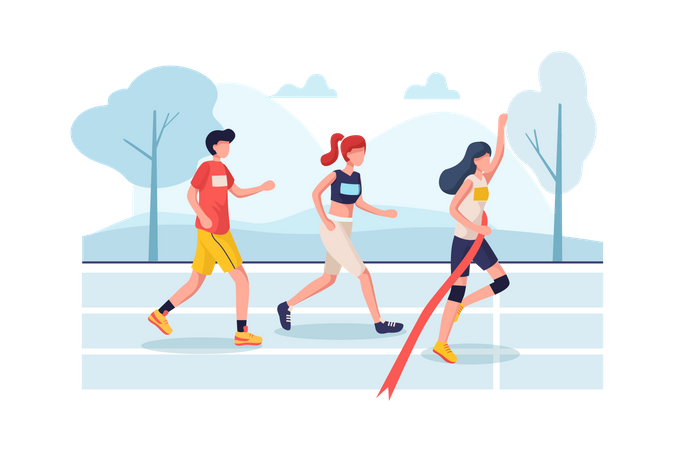 Mujeres ganando y cruzando la meta del maratón  Ilustración