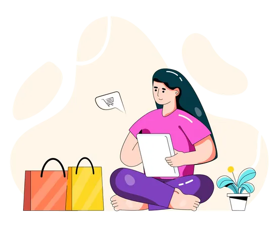 Mulher fazendo compras on-line usando tablet  Ilustração