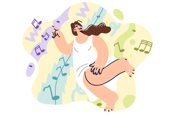 Mulher dança ao som de uma música entre notas e gosta de relaxar em festas ou discotecas  Ilustração