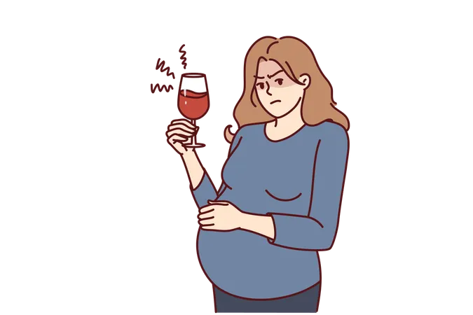 Mulher grávida está bebendo um copo de vinho  Ilustração