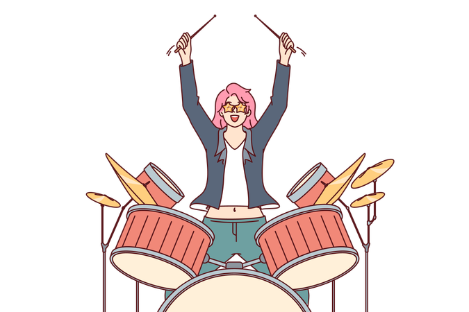 Mulher toca bateria em show de música  Ilustração