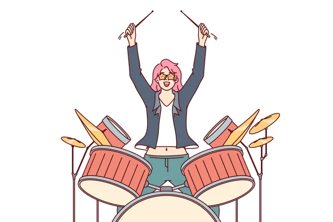 Mulher toca bateria em show de música  Ilustração