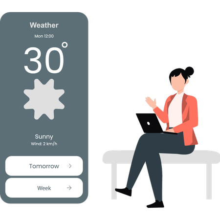 Mulher verificando a temperatura do tempo no telefone  Ilustração