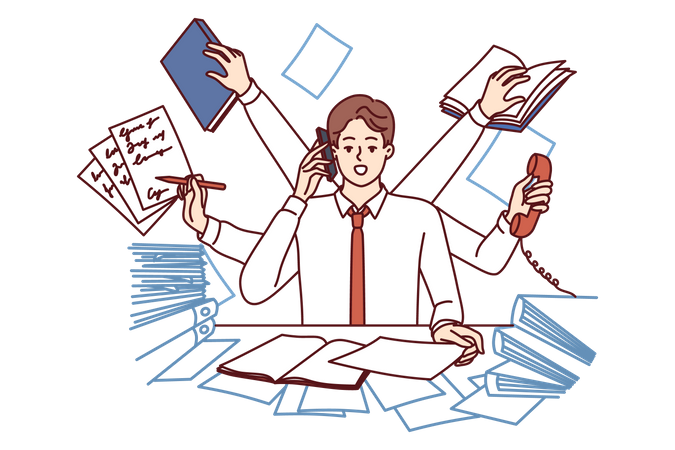 Multi-armed man multitasking with documents and talking on phone sitting in office  Illustration