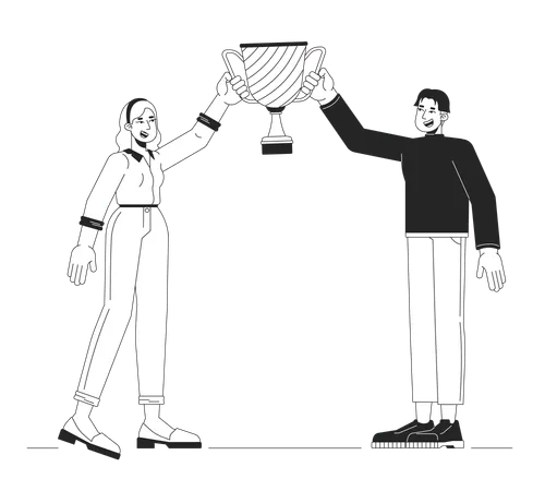 Multiethnic colleagues raising up champion trophy  Illustration