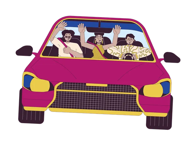 Multiracial friends riding car recklessly s  Illustration