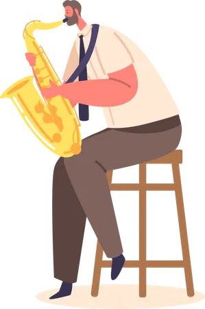 Musician Male Playing Saxophone Sitting on Chair  Illustration