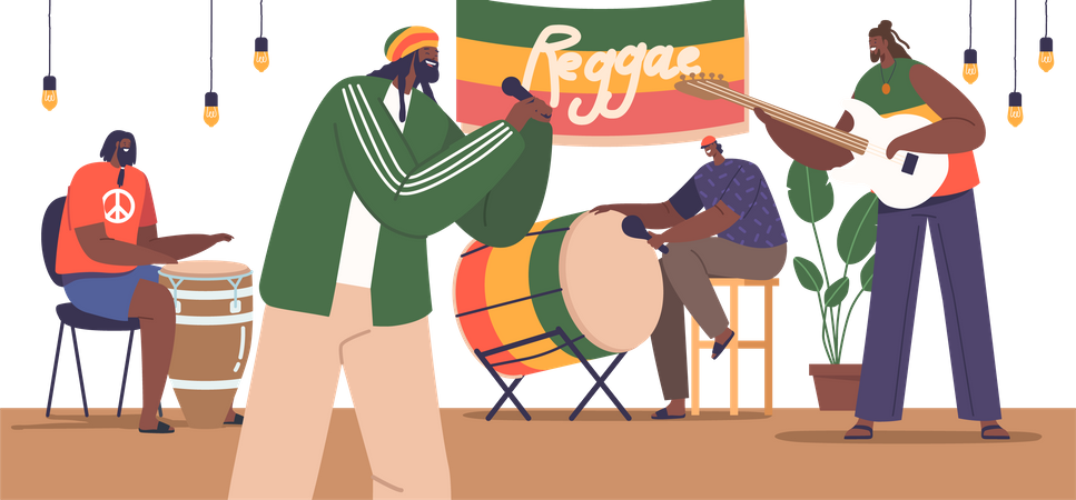 Músicos vibrantes de reggae cativam a multidão no palco  Ilustração