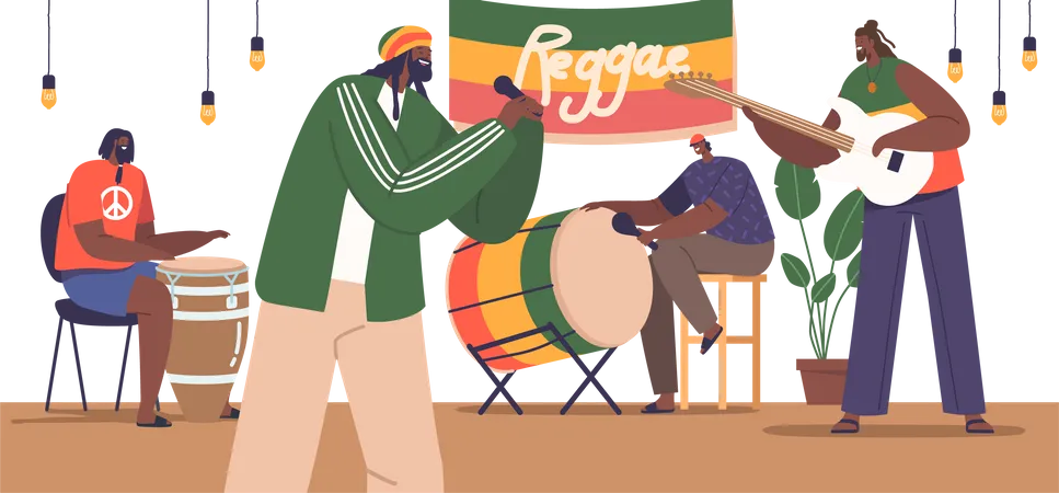 Músicos vibrantes de reggae cativam a multidão no palco  Ilustração