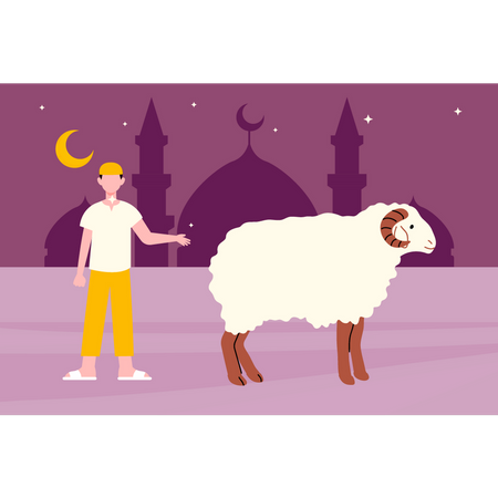 Muslim boy showing sheep  일러스트레이션