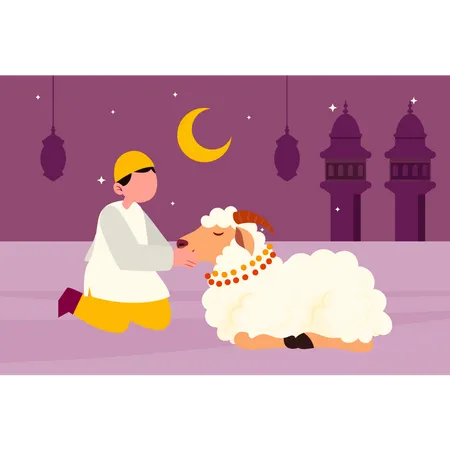 Muslim boy taking care of sheep  일러스트레이션