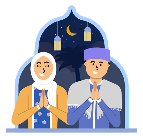 Muslim Couple Joyful Put Hands Together in Celebration of Eid al-Fitr  Illustration