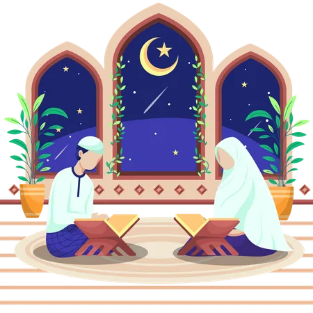 Muslim couple reading Quran during Ramadan Kareem  Illustration