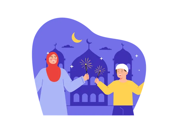 Muslim kids celebrating festival  Illustration