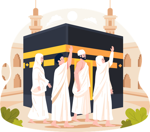 Muslim People do Tawaf or walking around Kaaba in Mecca  Illustration