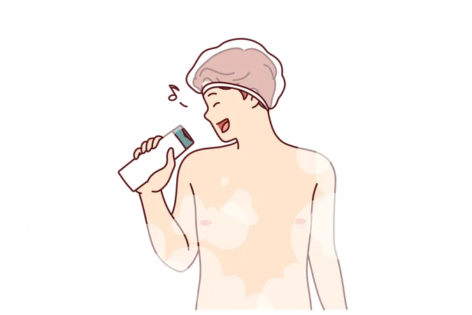 Naked man sings in shower  Illustration