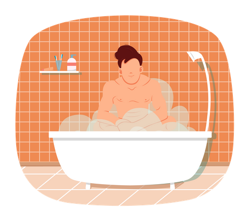 Naked man sitting in bathtub with hot water  Illustration